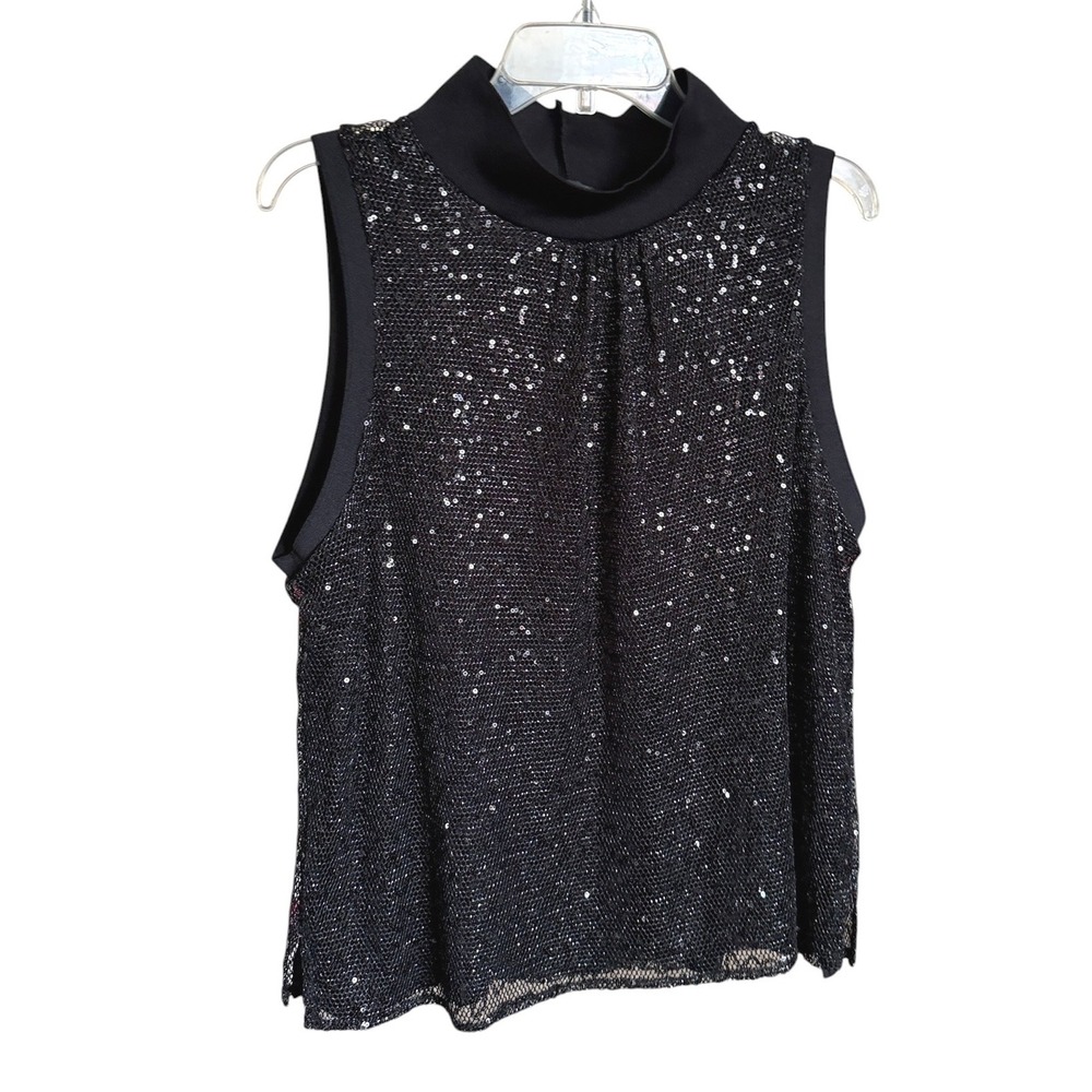 DKNY‎ Womens XL Black Sequined Mesh Mock Neck Sleeveless Blouse Top Sparkle Glam